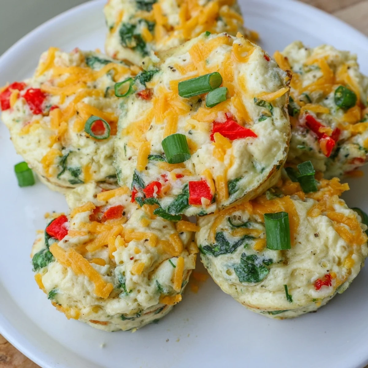 A close-up view of fluffy Cottage Cheese Egg Bites on a white plate, perfect for a healthy protein-rich breakfast.