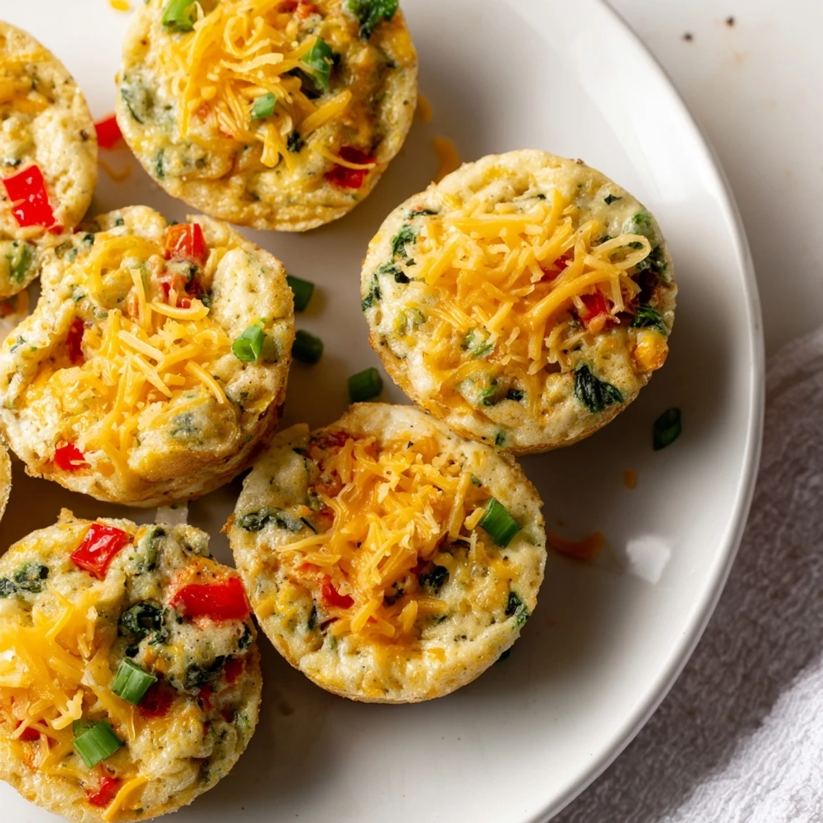 Newly baked Cottage Cheese Egg bites resting on a wooden board, showcasing their tender texture and savory vegetable fillings.