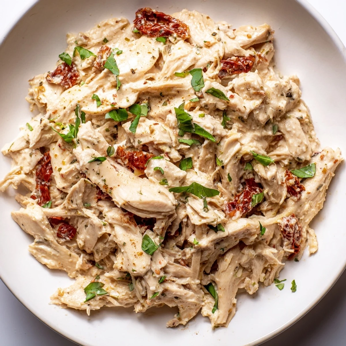 Sliced Marry Me High Protein Crockpot Chicken on a plate, creamy texture, sun-dried tomatoes, and parsley for easy weeknight dinner.