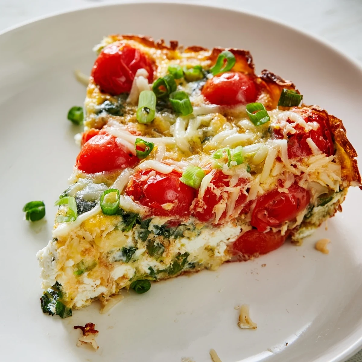 Golden-brown Simple Cottage Cheese Frittata baked in a skillet with spinach, tomatoes, and melted cheese.
