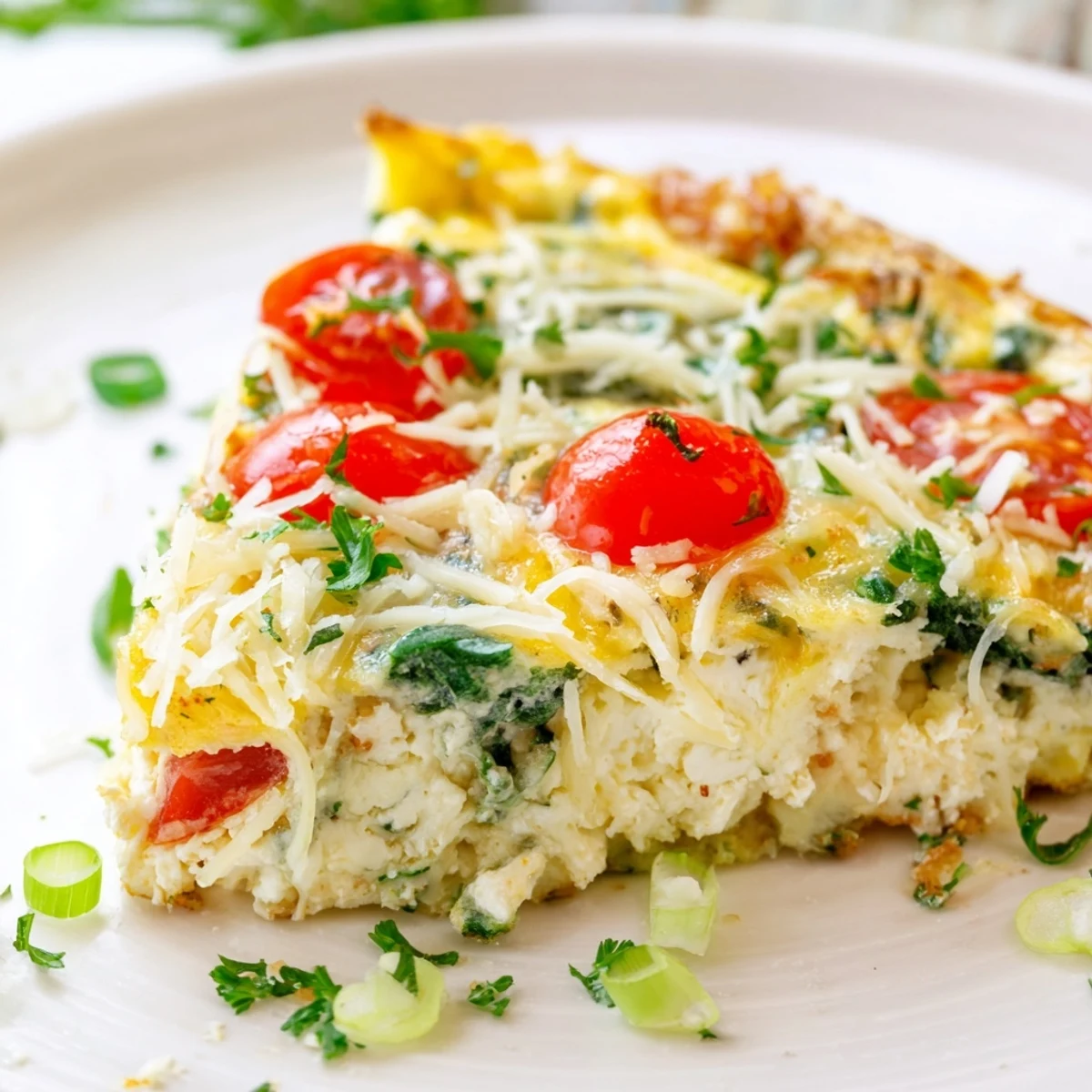 Slice of fluffy Simple Cottage Cheese Frittata served warm with fresh herbs and a side salad.
