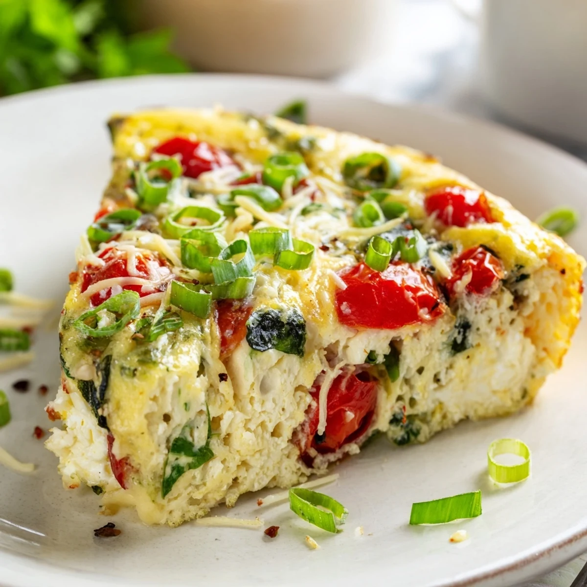 A close-up of Simple Cottage Cheese Frittata showing creamy texture and colorful vegetables, ready to serve.