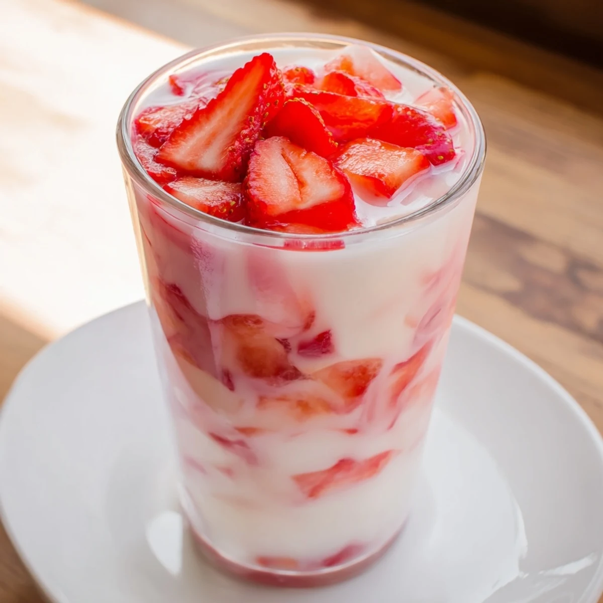 Cafe style Korean strawberry milk served over ice cubes in a clear glass with sliced strawberries on top.