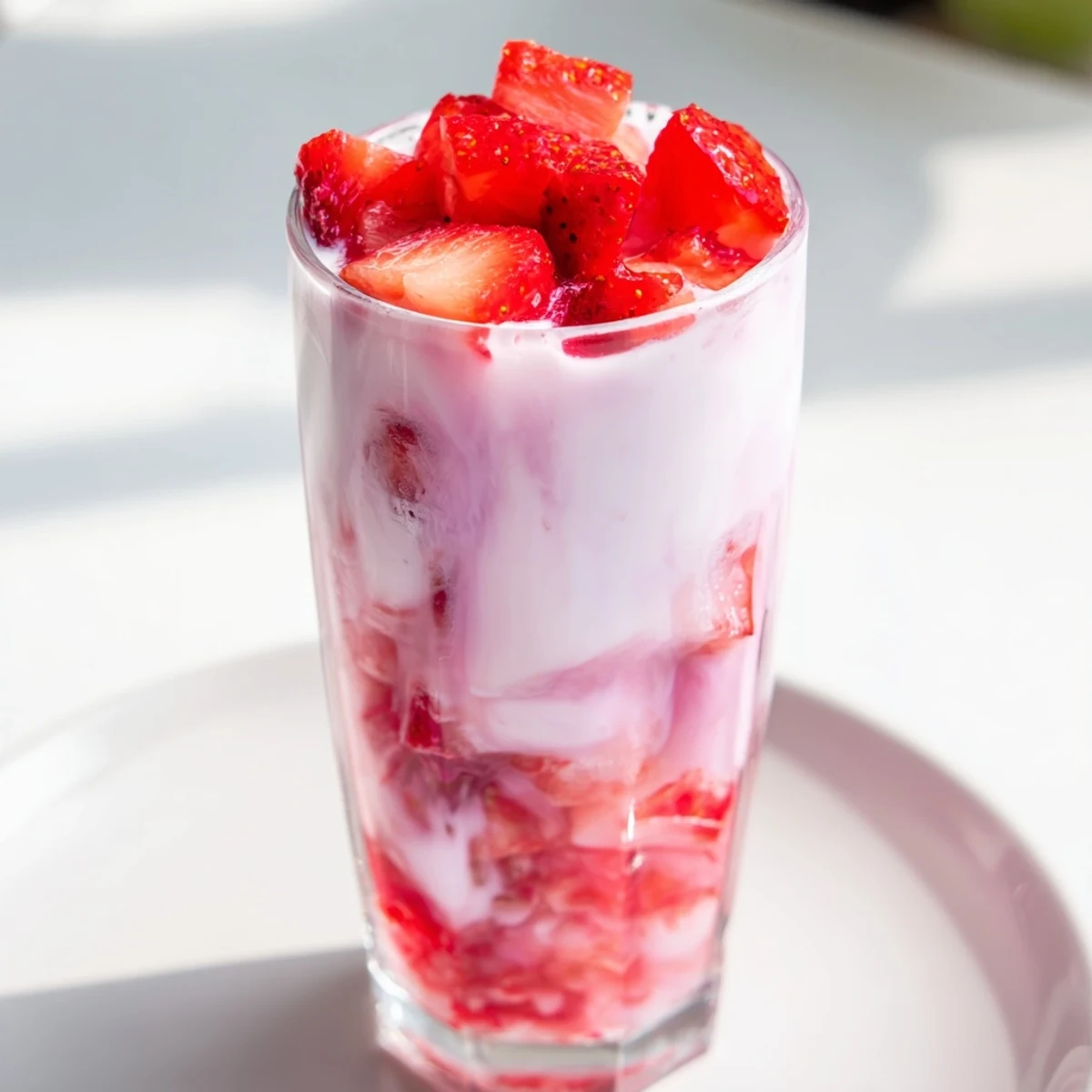 Cafe style Korean strawberry milk layered in a glass next to a small bowl of fresh strawberries and a pastry.