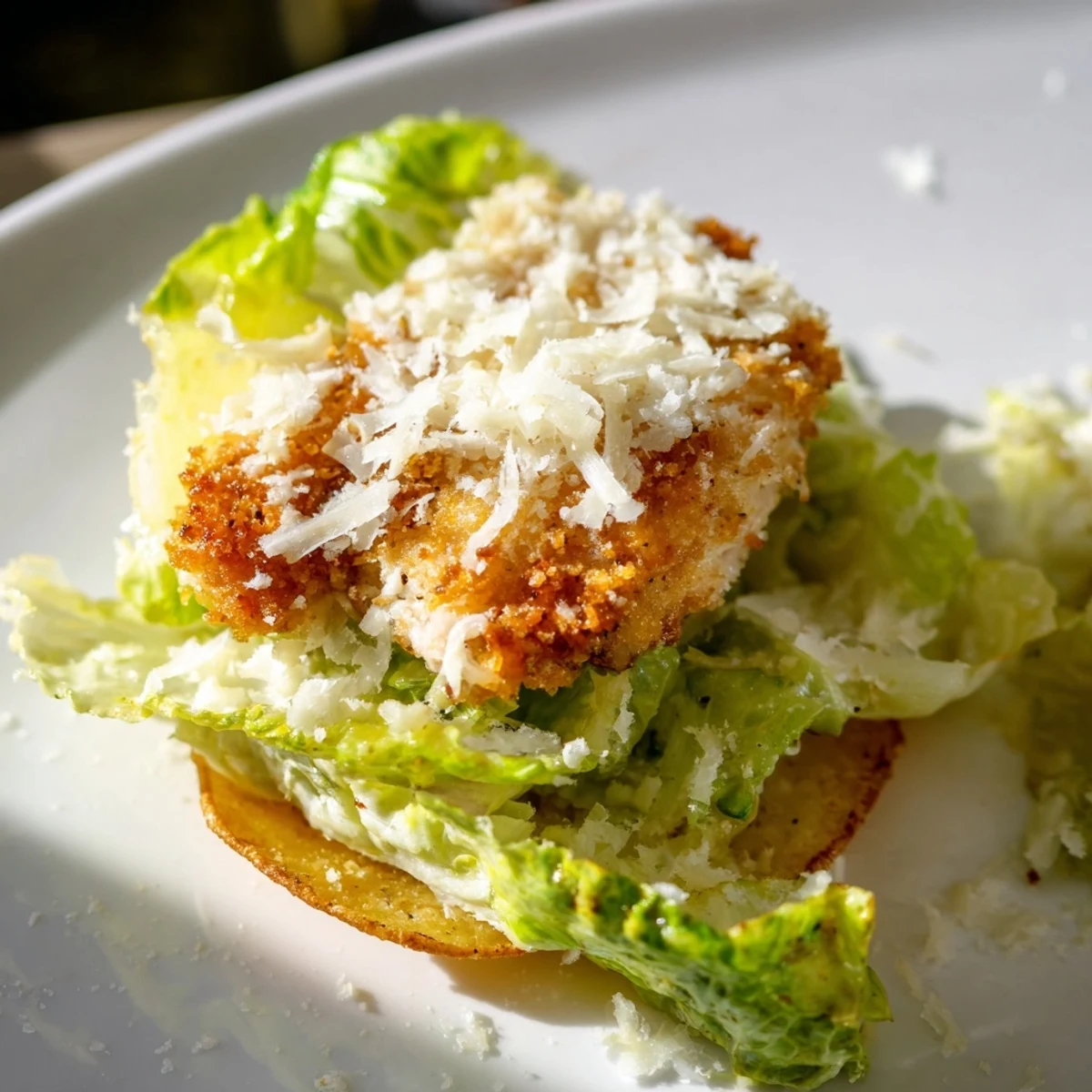 Golden-brown baked potato chips topped with crispy chicken strips, fresh romaine, and shaved parmesan for a Crispy Chicken Caesar Salad Chips appetizer.