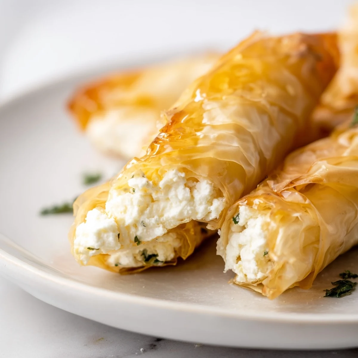 Overhead view of Oven Fried Feta Rolls with Chili Honey served on a white plate, ready to be eaten as a party snack. 