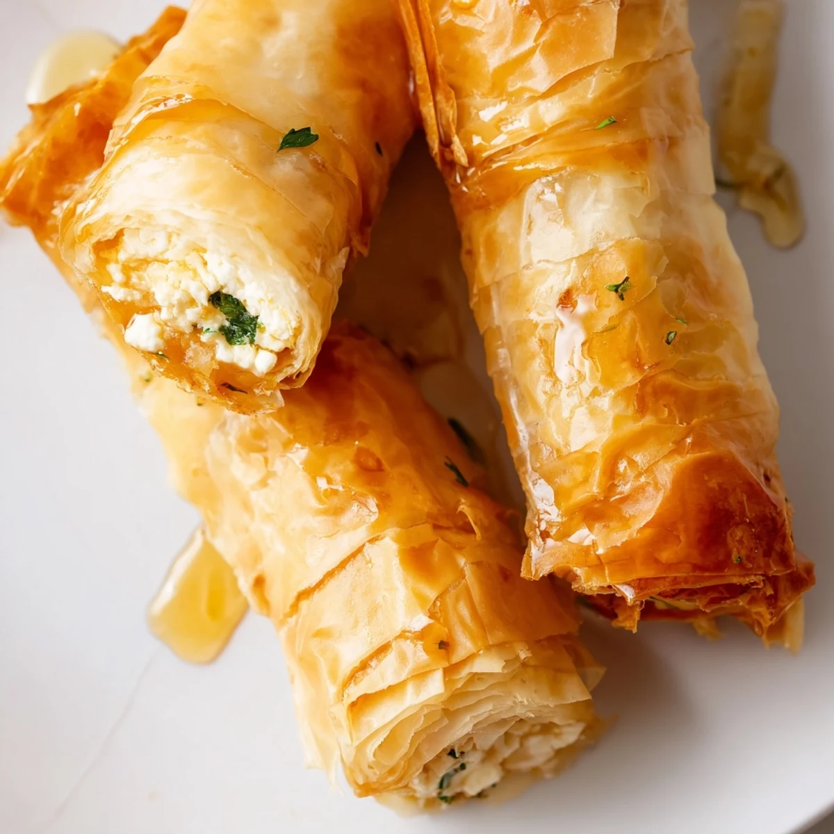 Freshly baked Oven Fried Feta Rolls with Chili Honey arranged on a baking sheet, showcasing their flaky filo texture.