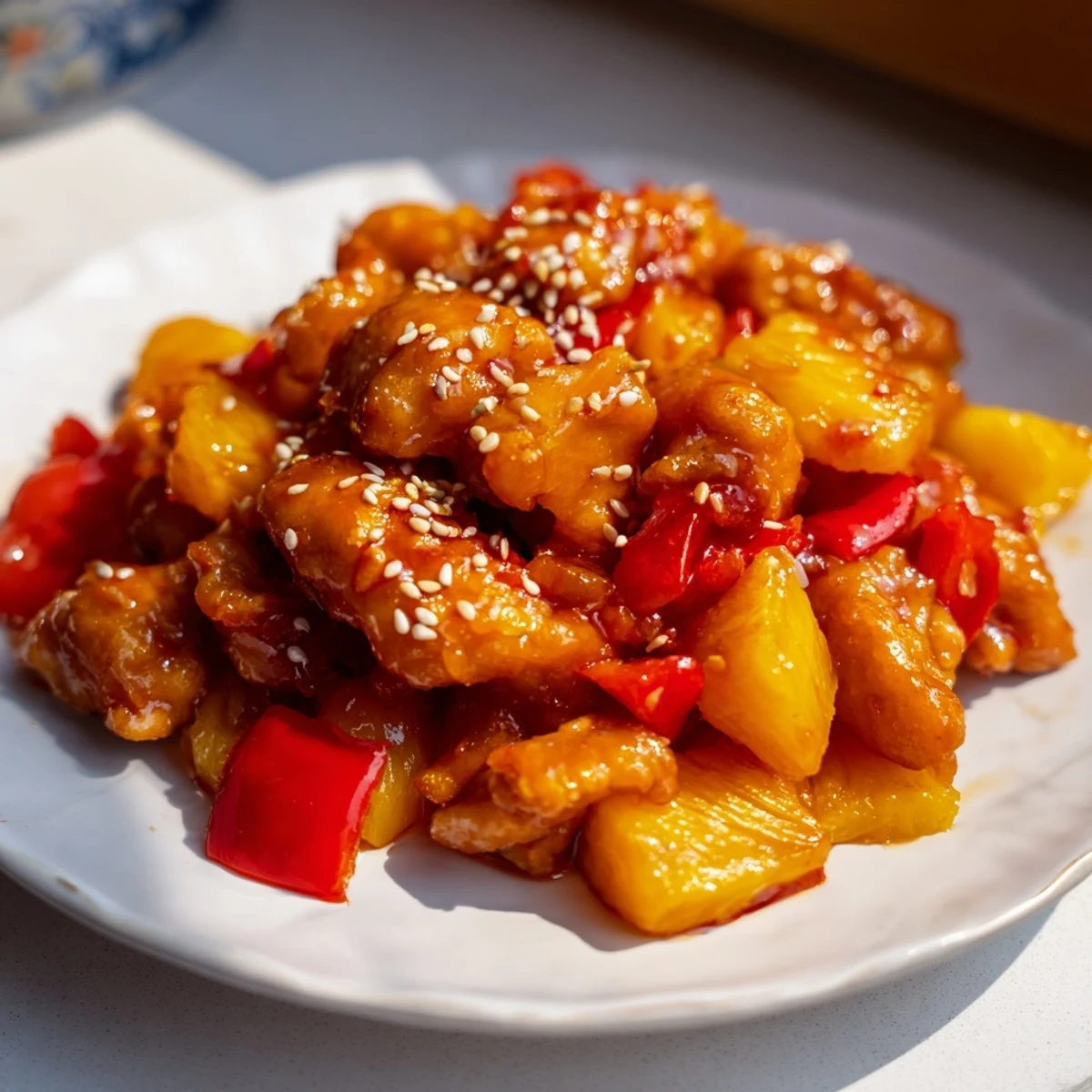 Pineapple Chicken Stir Fry sits in a white bowl next to a glass of Riesling, steam rising from the sweet chili sauce.