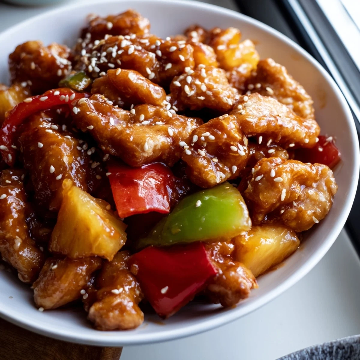 Fresh ingredients like chicken, bell peppers, ginger, and pineapple chunks ready to cook Pineapple Chicken Stir Fry for dinner.
