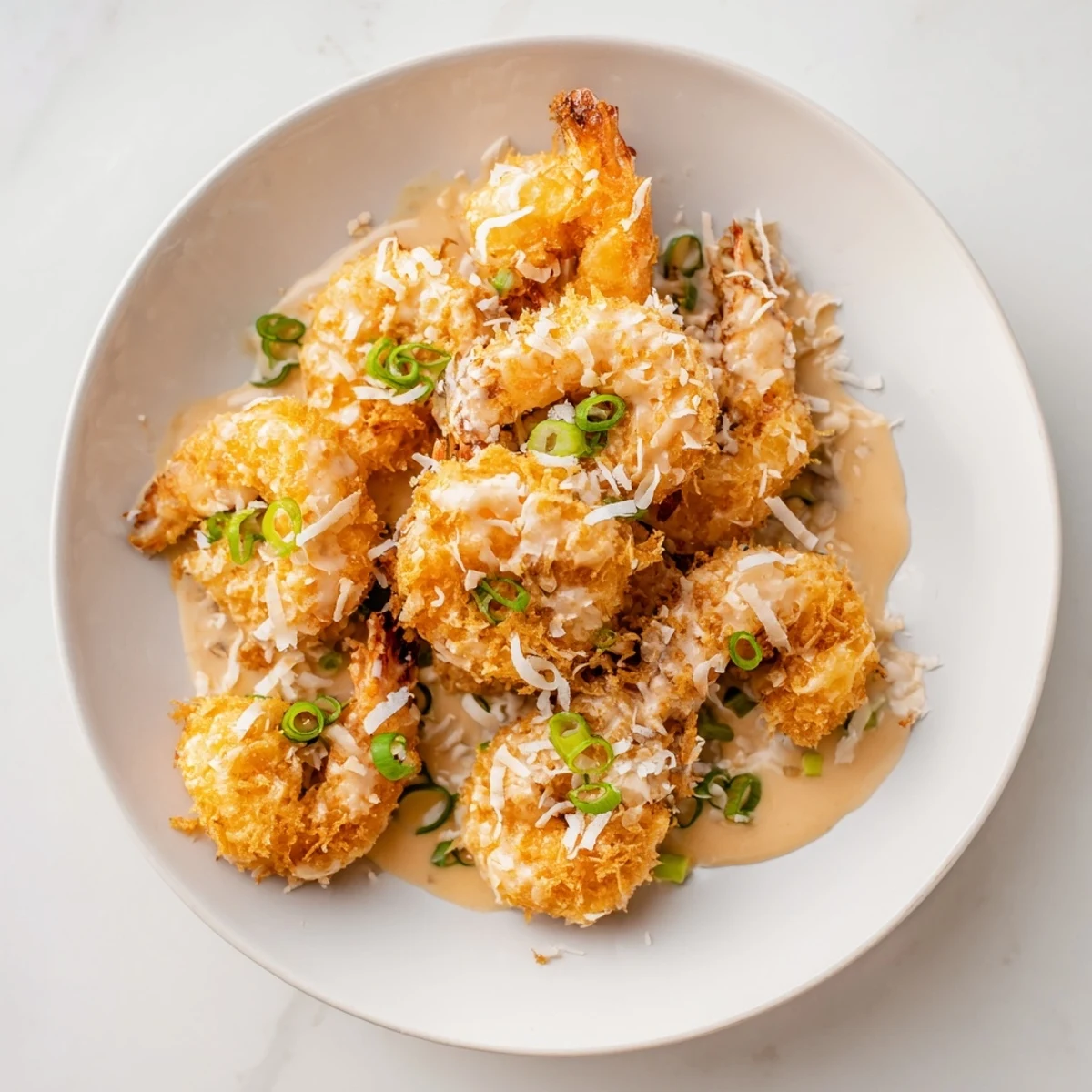 Plated Chinese Coconut Shrimp with creamy coconut sauce, garnished with green onions and served beside steamed rice.