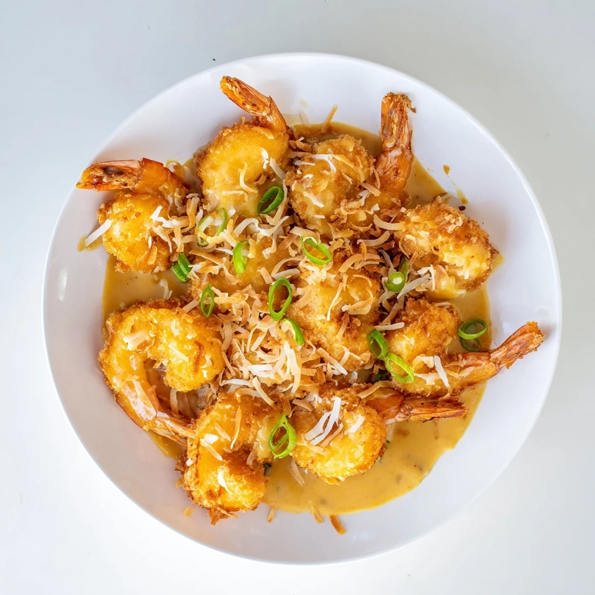 Close-up of Chinese Coconut Shrimp showing crunchy texture and glossy coconut cream sauce, ready to serve as an appetizer.