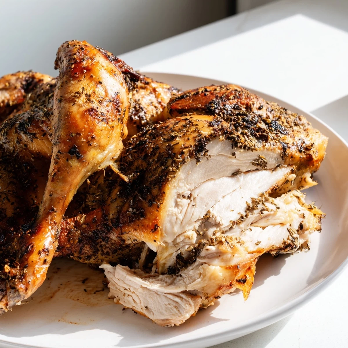 Golden-brown roasted zaatar chicken glistens with olive oil, served alongside roasted carrots and onions on a rustic platter.