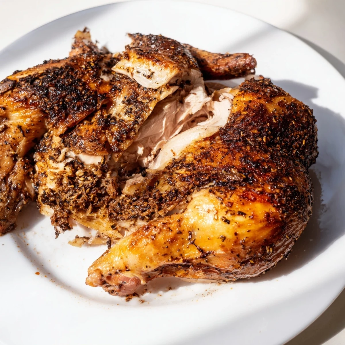 Juicy roasted zaatar chicken rests with lemon slices and fresh herbs, perfect for a Mediterranean-inspired dinner.