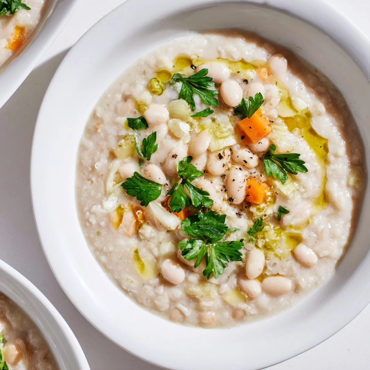 Creamy Rosemary and Roasted Garlic White Bean Soup in a rustic bowl with fresh parsley garnish.