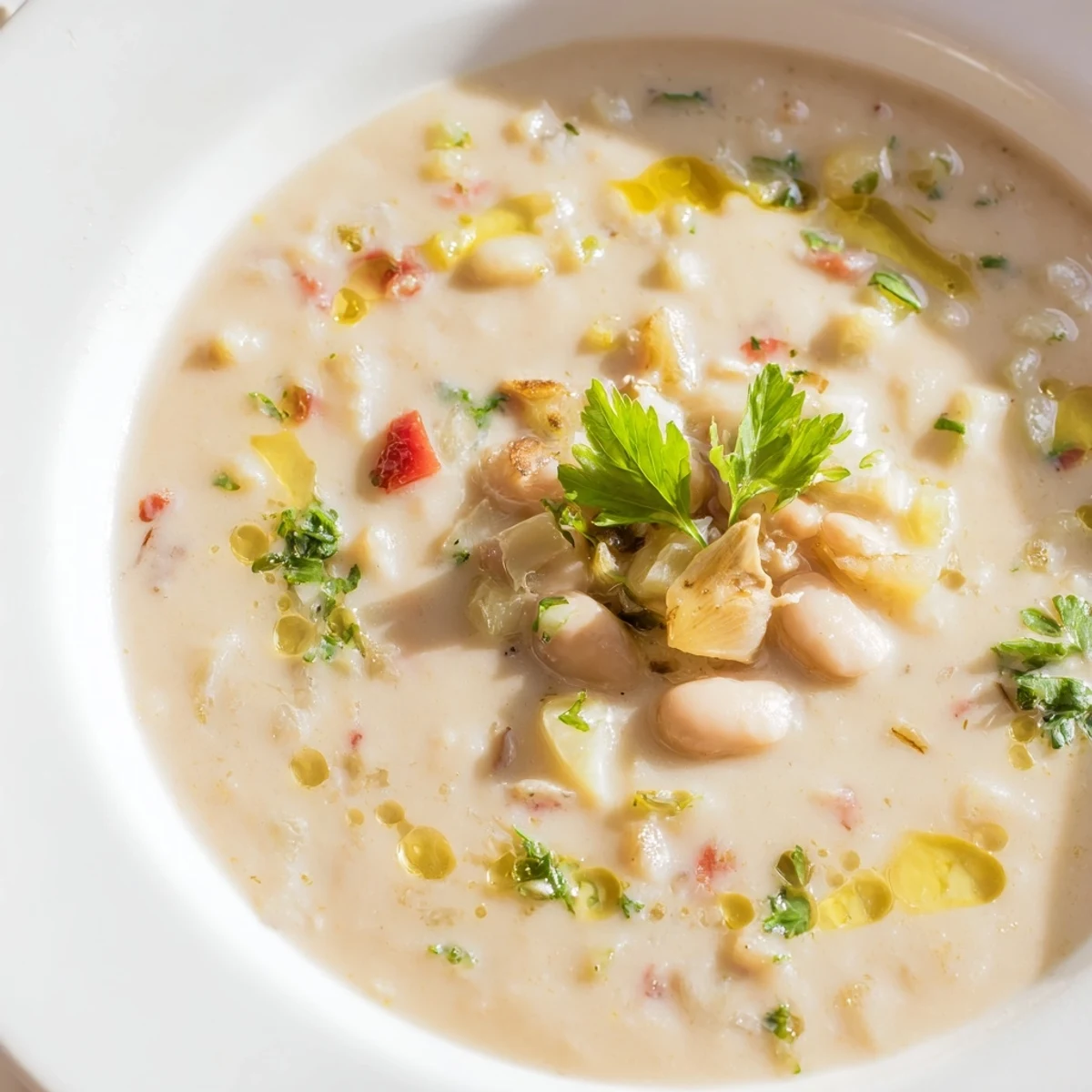 Steam rises from a warm bowl of Rosemary and Roasted Garlic White Bean Soup next to crusty bread.