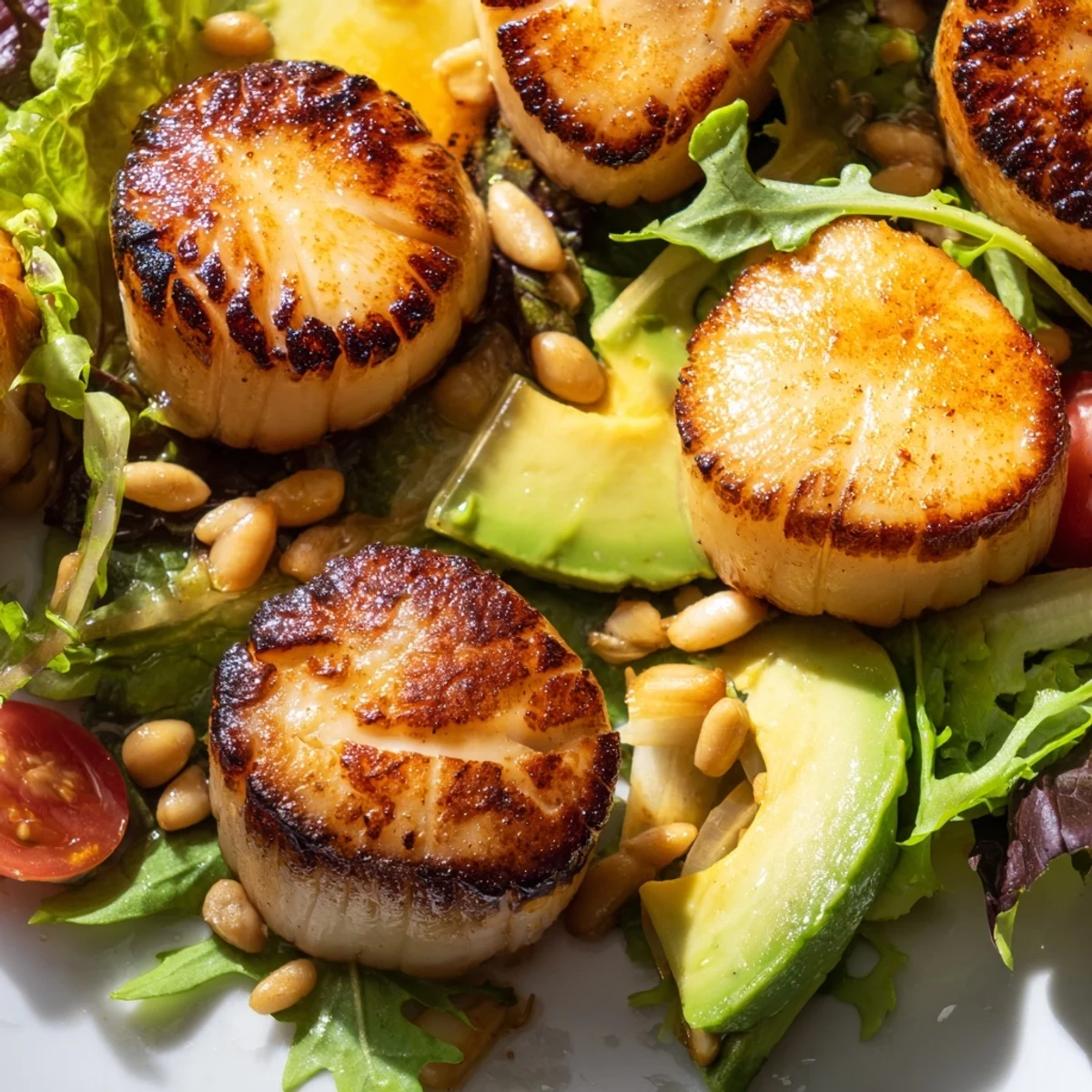 Pan-seared scallops topped on a vibrant salad with mixed greens, avocado, and citrus vinaigrette.