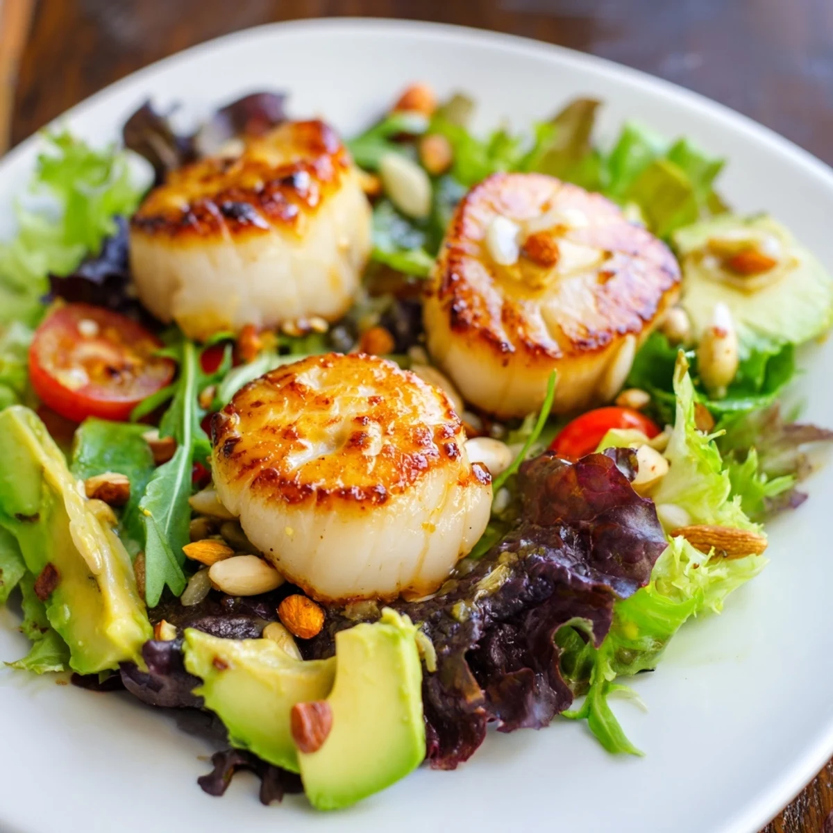 Golden seared scallops resting atop a fresh salad of greens, tomatoes, and onions for dinner.