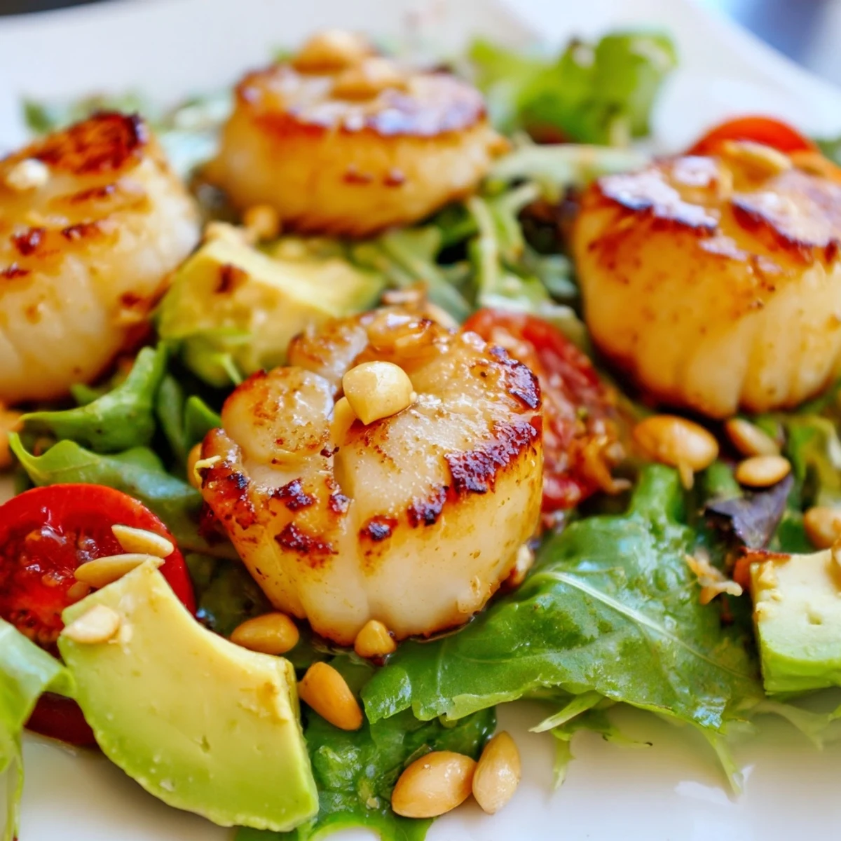 A romantic dinner plate of seared scallops over salad with pine nuts and bright citrus dressing.