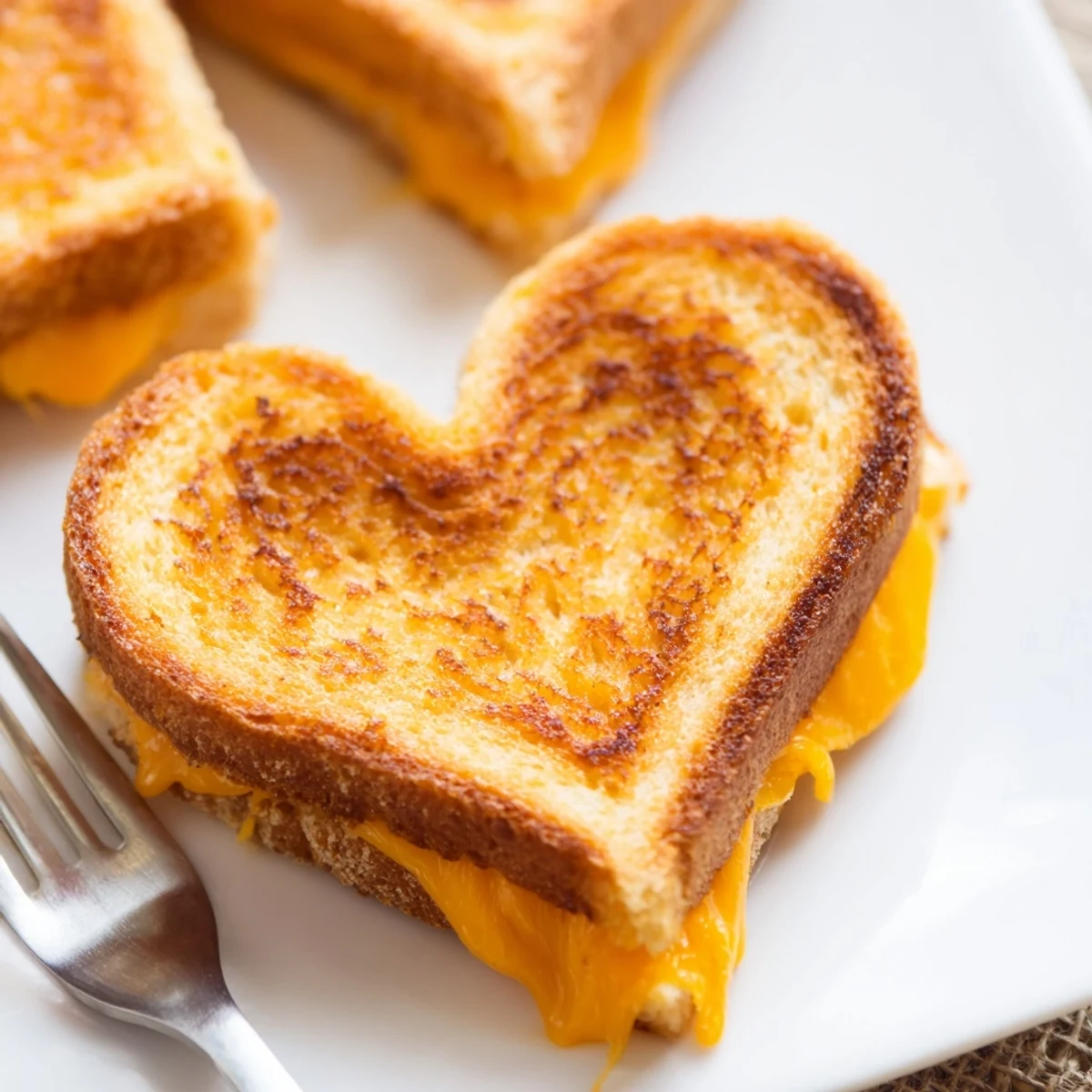 Warm Mini Grilled Cheese Hearts with melted cheddar on golden crisp bread hearts served on a white plate.