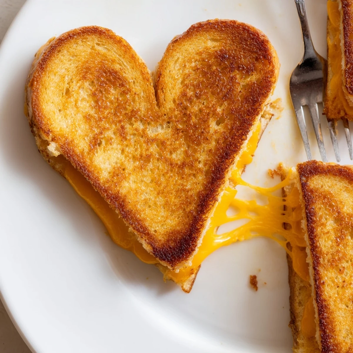 Golden-brown Mini Grilled Cheese Hearts stacked on a wooden board, showcasing melted cheese oozing between soft bread hearts.