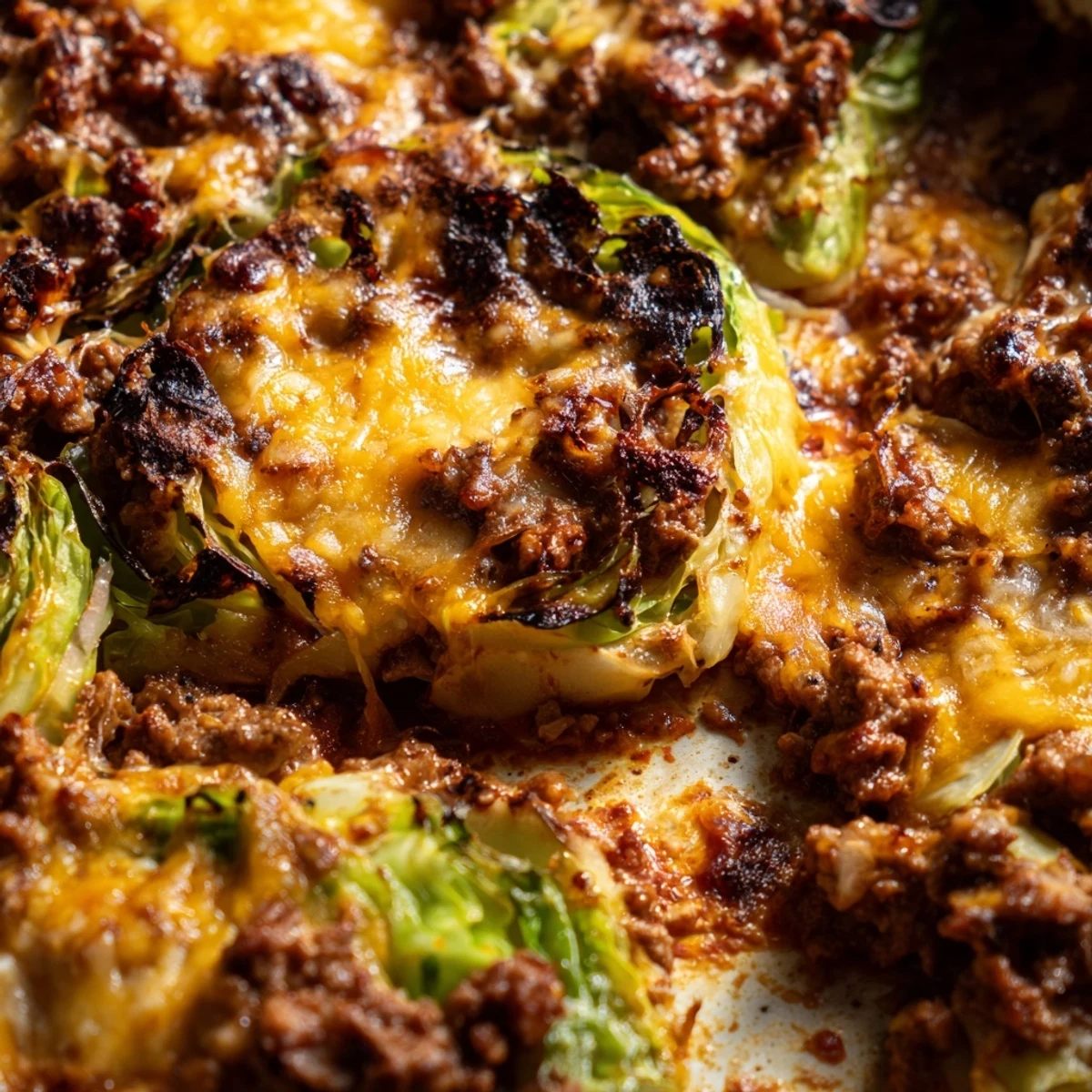 Golden-brown roasted cabbage rounds layered with savory ground beef and topped with bubbling cheddar cheese in a 9x13 dish.