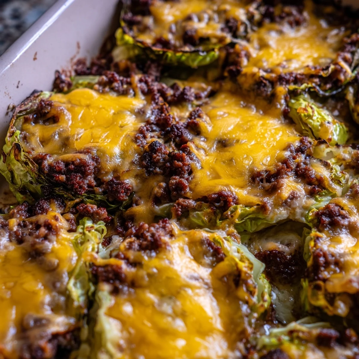 Close-up of a hearty Easy Crispy Cabbage Burger Bake revealing juicy beef, crispy cabbage, and melted cheese textures.