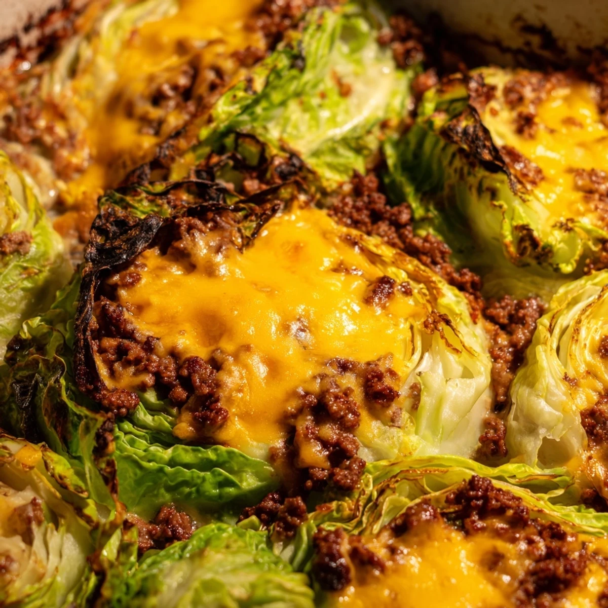 Sliced pickles and fresh green onions garnish this hearty Easy Crispy Cabbage Burger Bake, served hot alongside a fresh salad.