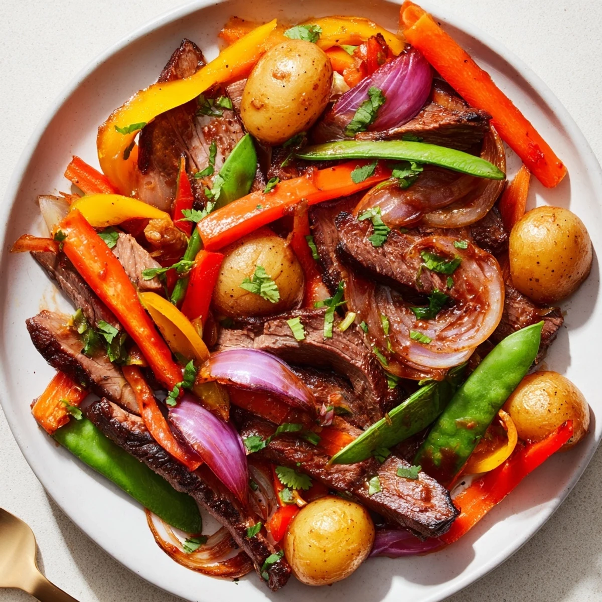 Sizzling Blackstone Cowboy Stir Fry Dinner with tender beef, peppers, and onions on a hot griddle, garnished with cilantro and scallions.