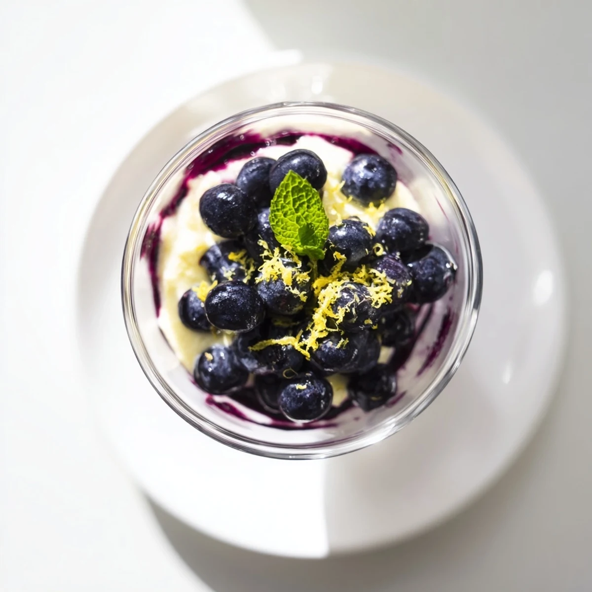 Clear glasses show layered Lemon Blueberry Mousse with whipped cream and a lemon zest garnish. 