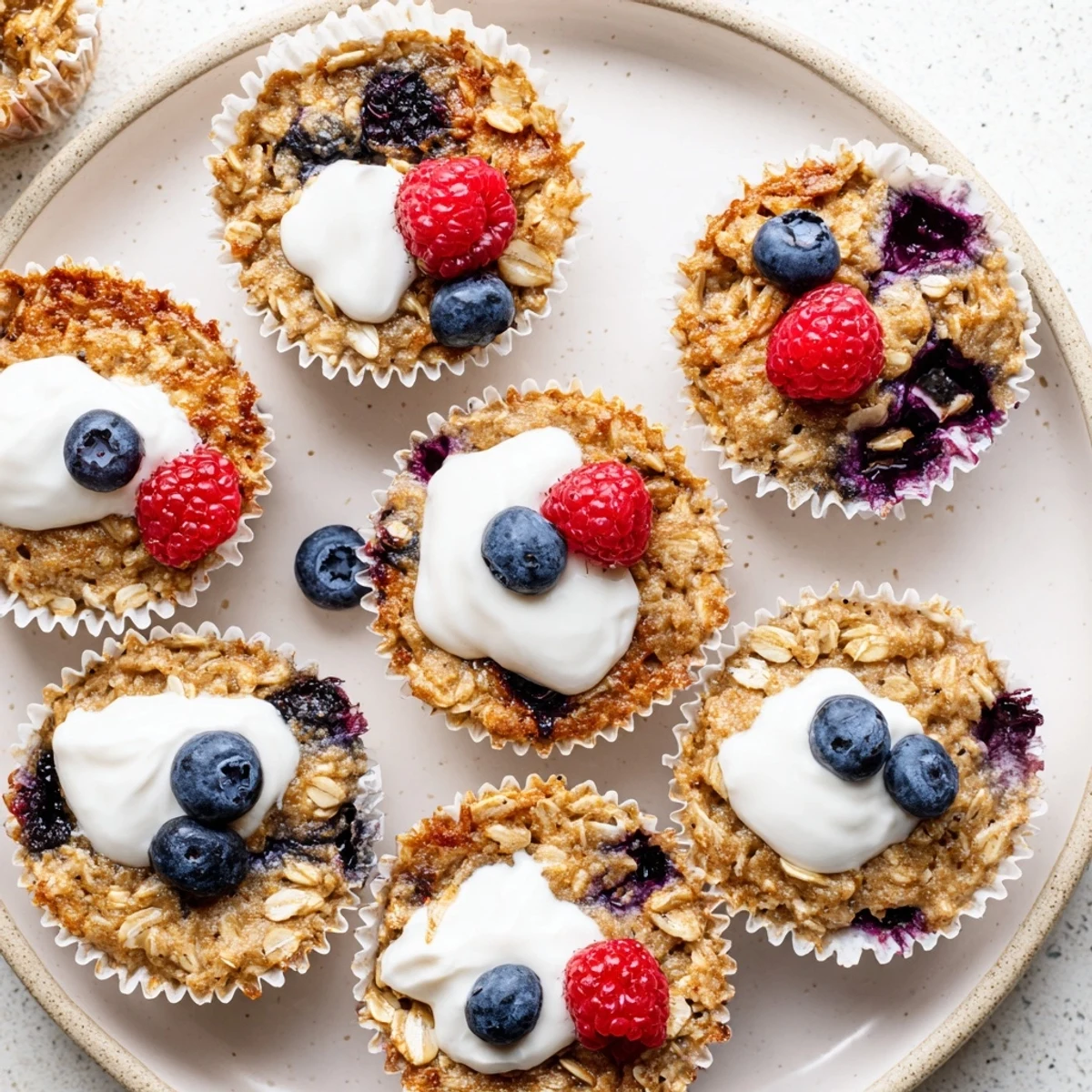 Freshly baked oatmeal cups topped with creamy Greek yogurt and a sprinkle of cinnamon, served warm from the oven.