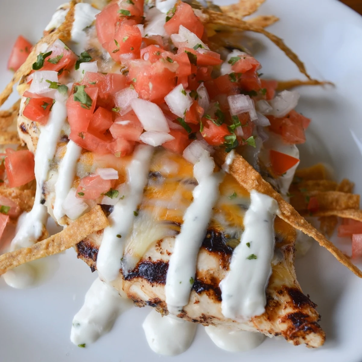 Juicy Fiesta Lime Chicken breasts topped with melted Mexican cheese blend, creamy Mexi-ranch sauce, and fresh pico de gallo on a plate.