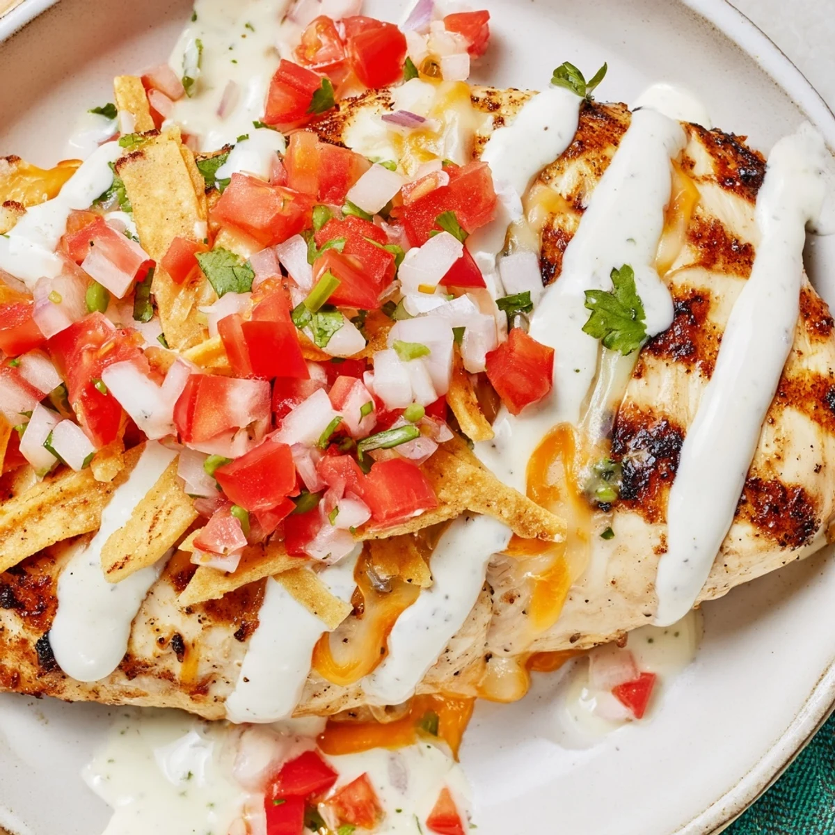 Fiesta Lime Chicken grilled and broiled with bubbly cheese, served alongside crunchy tortilla strips and a vibrant lime wedge for a Tex-Mex dinner.