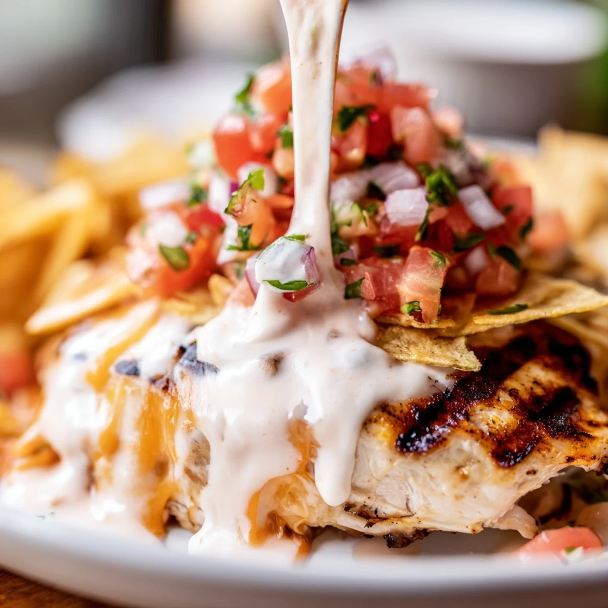 Golden brown Fiesta Lime Chicken breasts featuring a zesty lime marinade, drizzled with spicy ranch sauce and piled high with fresh pico de gallo.