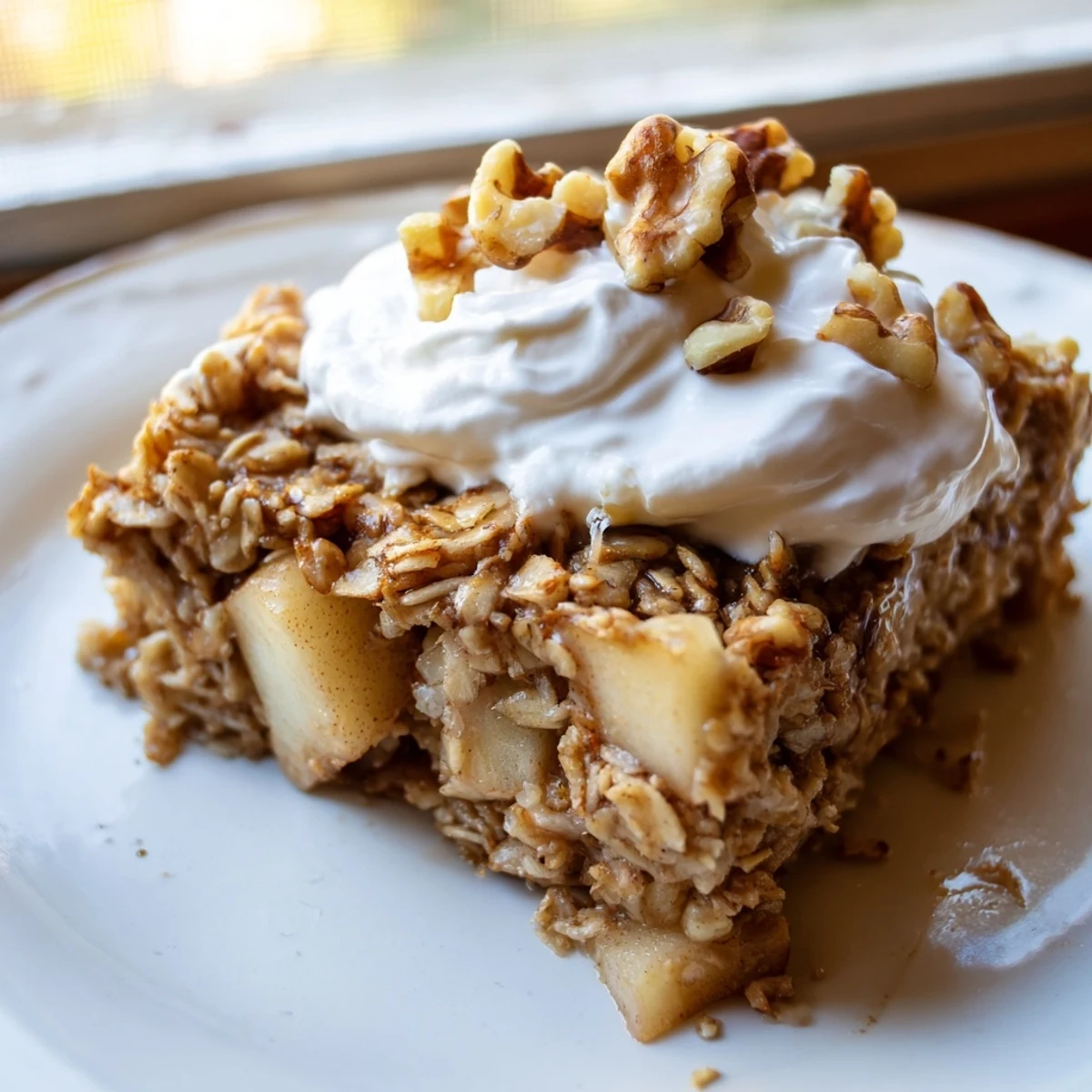 Golden Baked Apple Oatmeal With Greek Yogurt squares sit on a rustic plate, topped with creamy yogurt and toasted pecans.