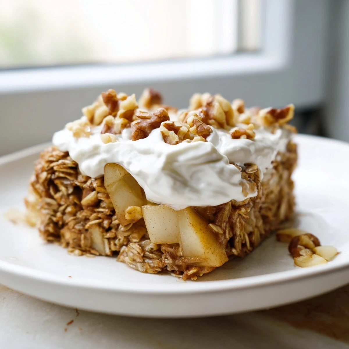 Close up of Baked Apple Oatmeal With Greek Yogurt served in a dish with a dollop of yogurt and cinnamon.