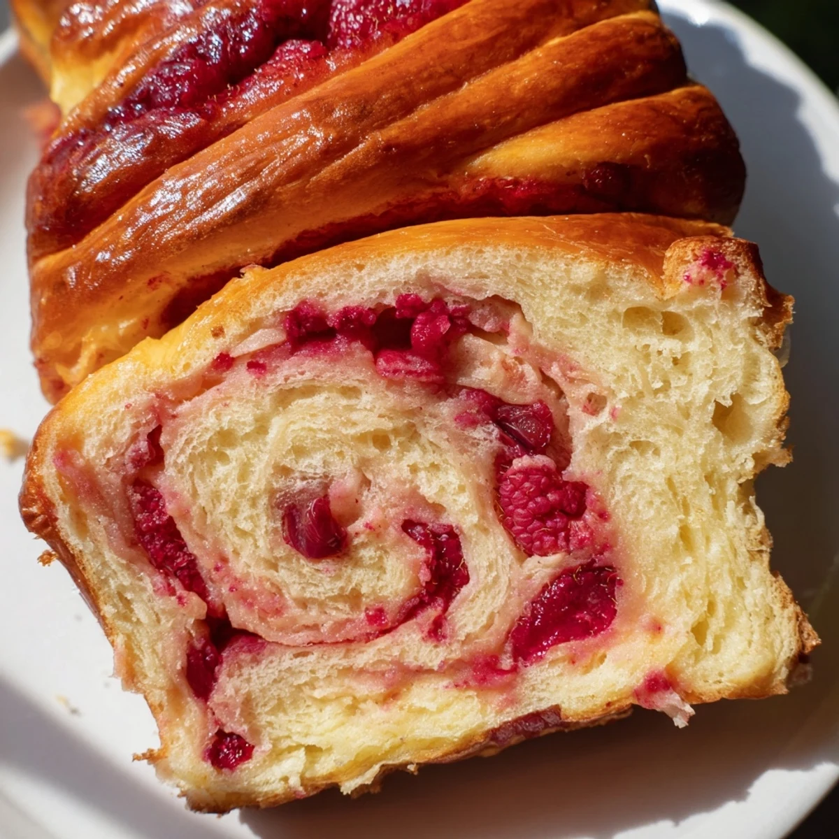 Freshly baked Raspberry Swirl Brioche Loaf sliced open to show the beautiful jammy swirl.