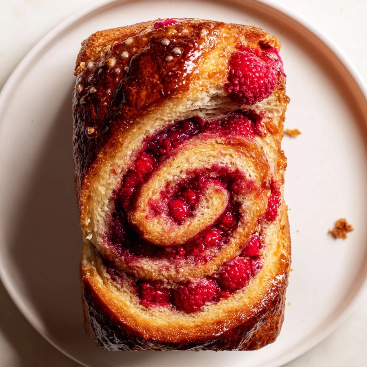A warm slice of Raspberry Swirl Brioche Loaf served with butter and fresh coffee.