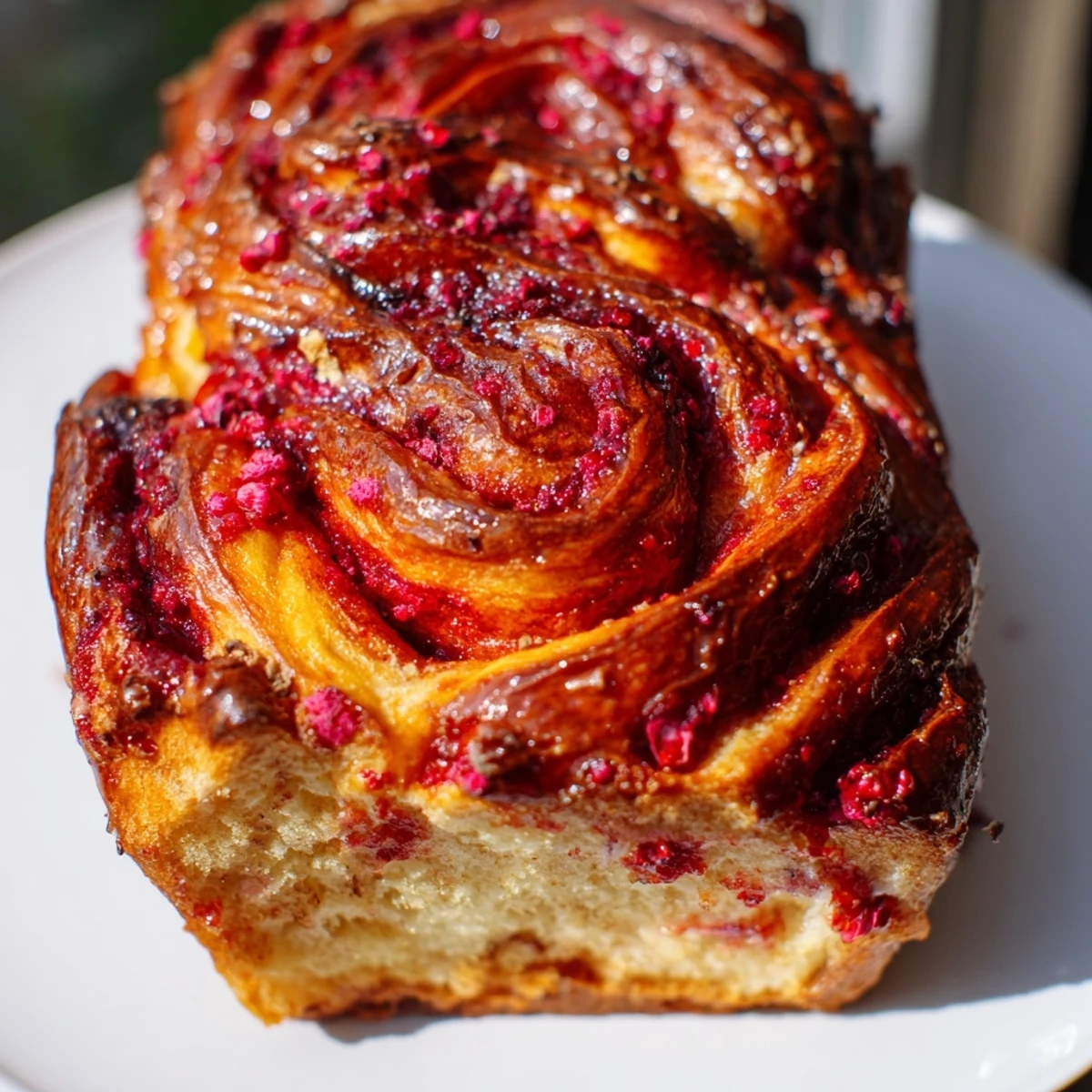 Golden brown Raspberry Swirl Brioche Loaf cooling on a wire rack with raspberries nearby.