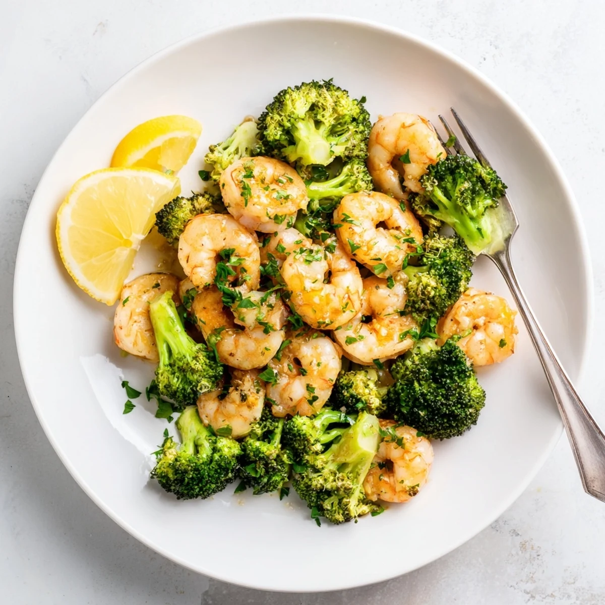 Succulent honey garlic butter shrimp and crisp broccoli florets glazed in a rich, aromatic sauce on a white plate.
