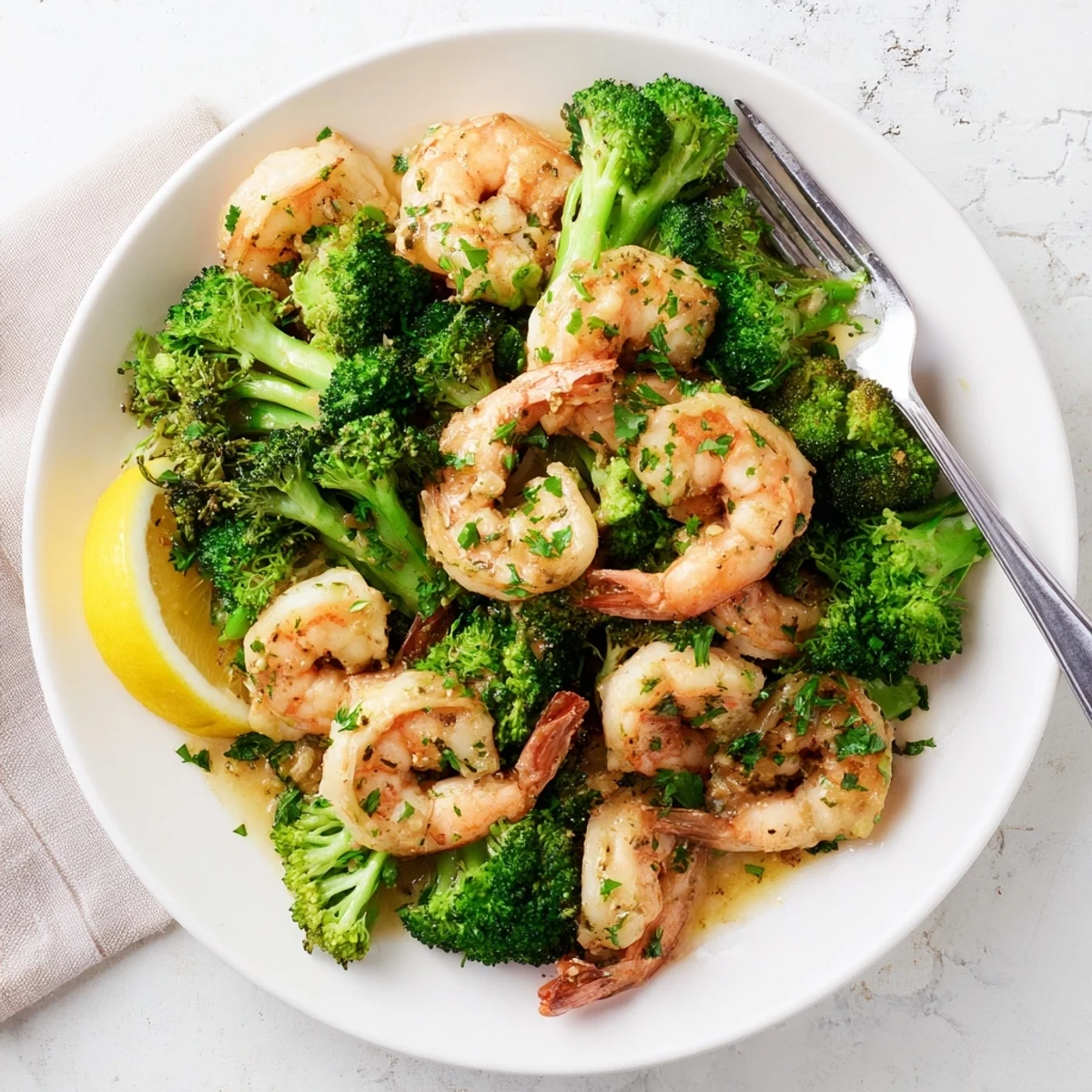 A close-up of tender honey garlic butter shrimp and bright green broccoli tossed together, garnished with fresh parsley and lemon.