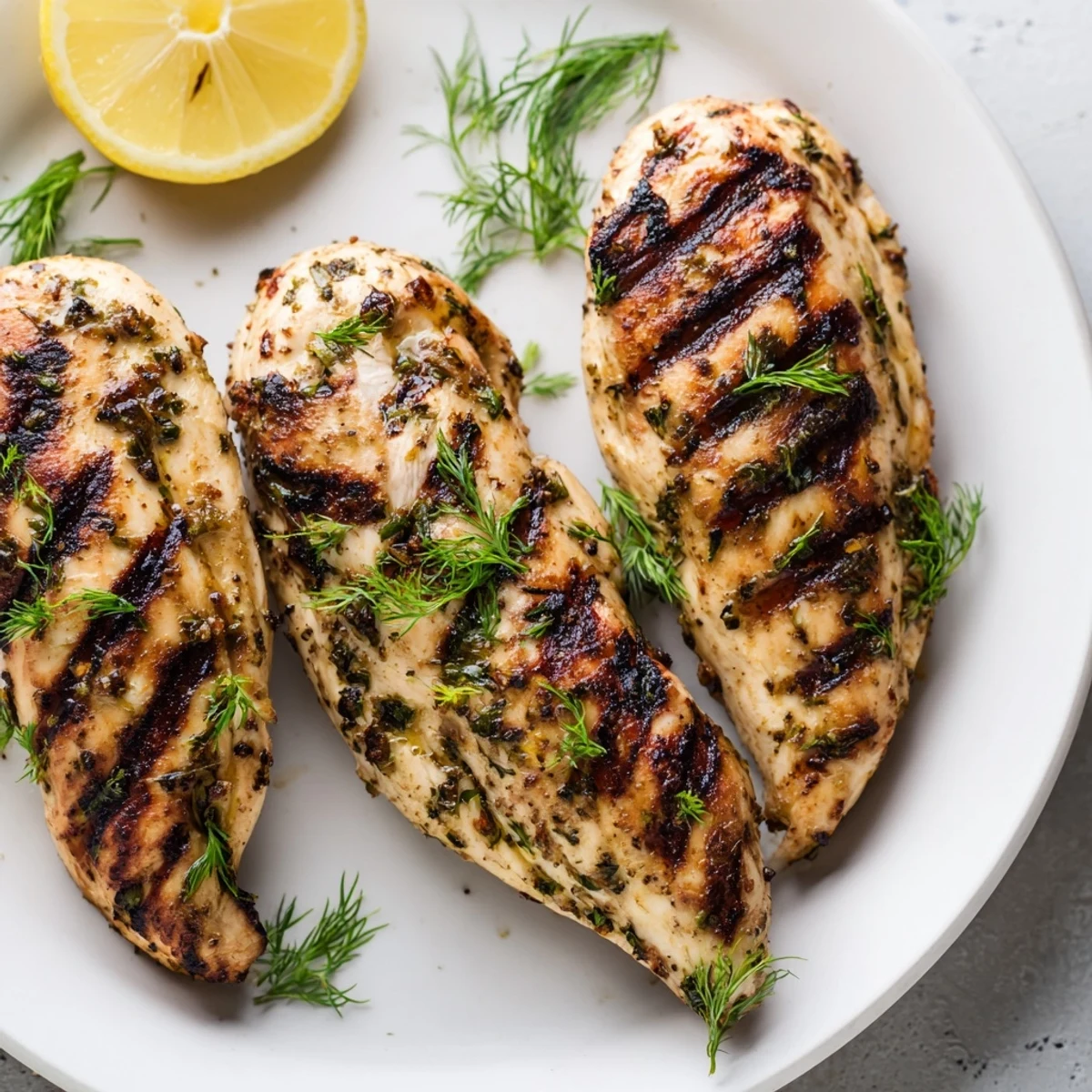 Juicy grilled Greek Chicken Tenders garnished with fresh parsley and served with a creamy yogurt dipping sauce and lemon wedges.