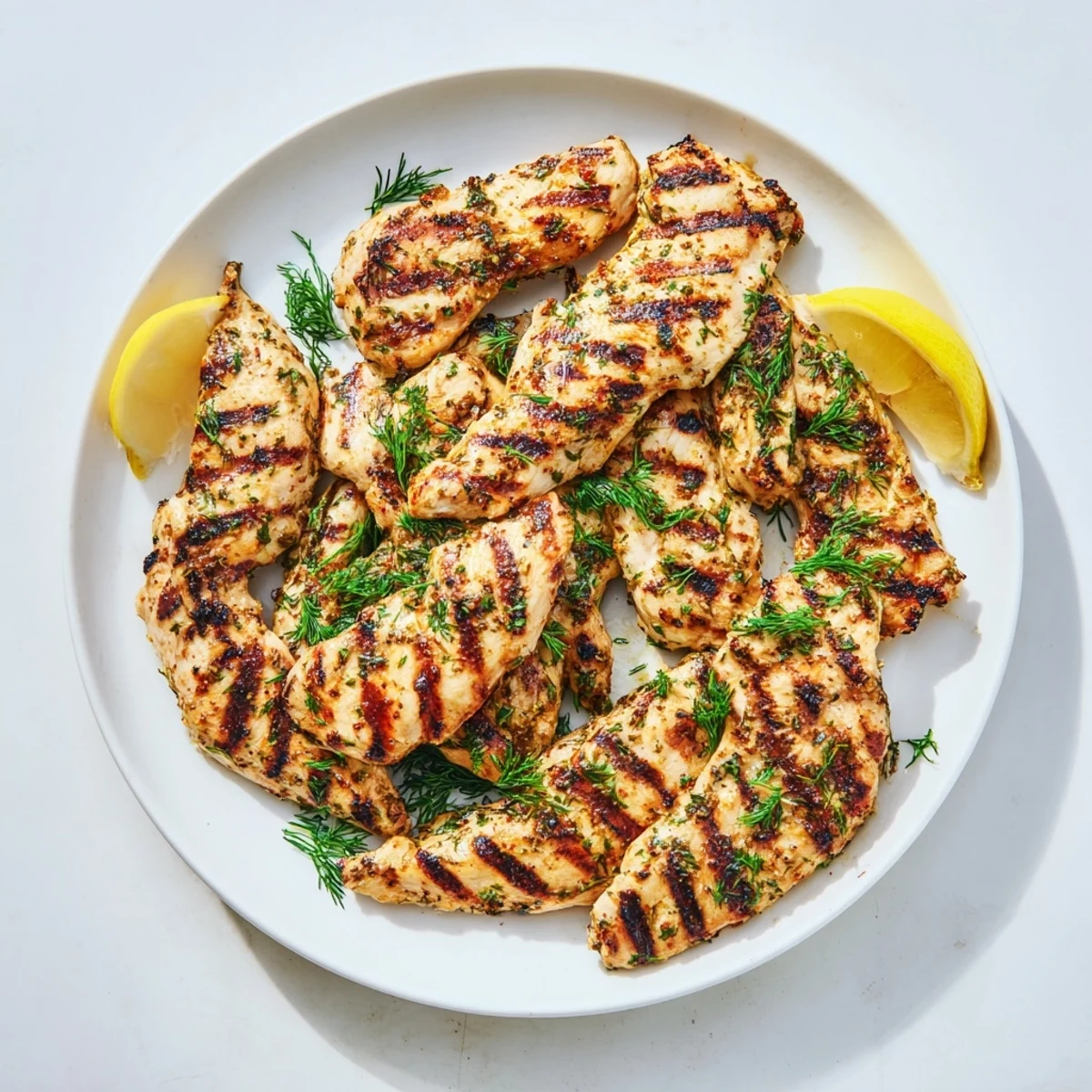 Sizzling Greek Chicken Tenders hot off the grill, ready to be dipped in tangy yogurt sauce for a family meal.