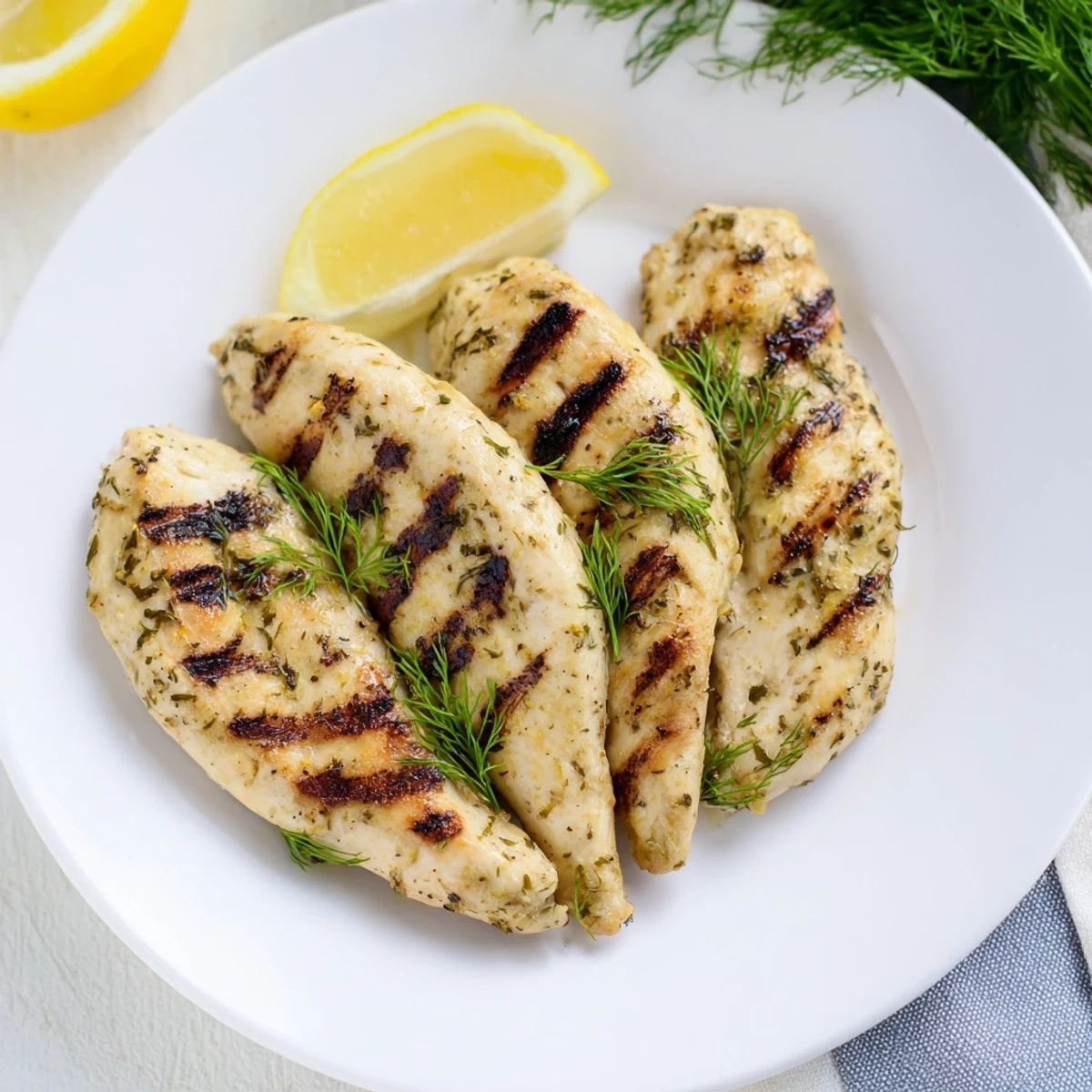 Perfectly charred Greek Chicken Tenders rest beside a bowl of cool cucumber yogurt sauce and bright lemon wedges.