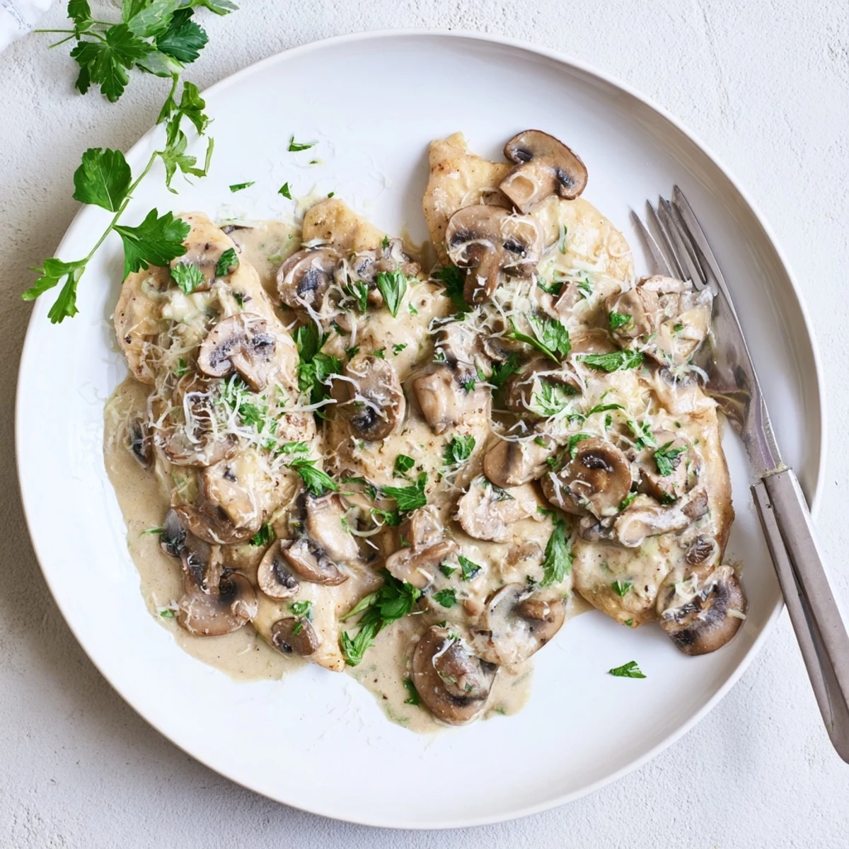 A close-up of tender chicken breasts covered in a rich, creamy Mushroom Asiago Chicken sauce with sautéed mushrooms.