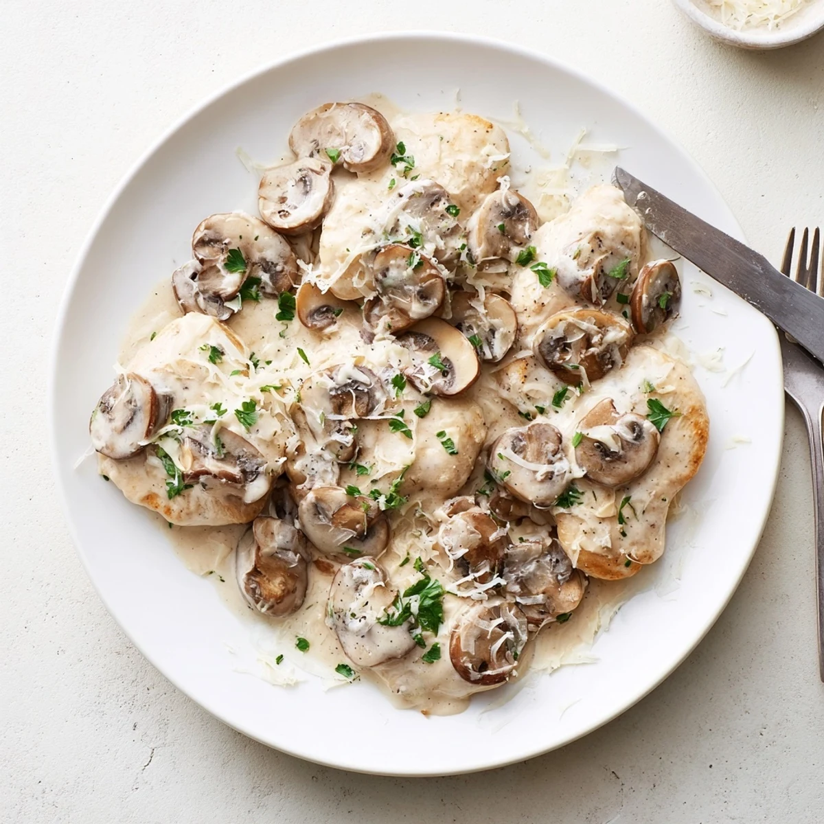 Golden-seared chicken breasts in a skillet of creamy Mushroom Asiago Chicken with fresh parsley garnish for a comforting dinner.