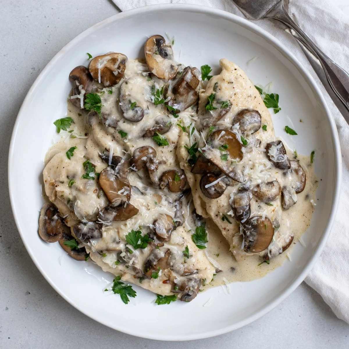 Mushroom Asiago Chicken served hot over mashed potatoes, showcasing melted Asiago cheese and a velvety mushroom sauce.