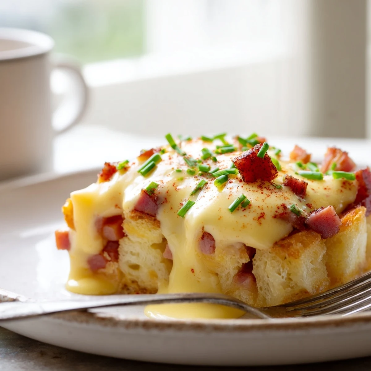 Overnight Eggs Benedict Casserole emerges golden and puffed from the oven with rich Hollandaise.