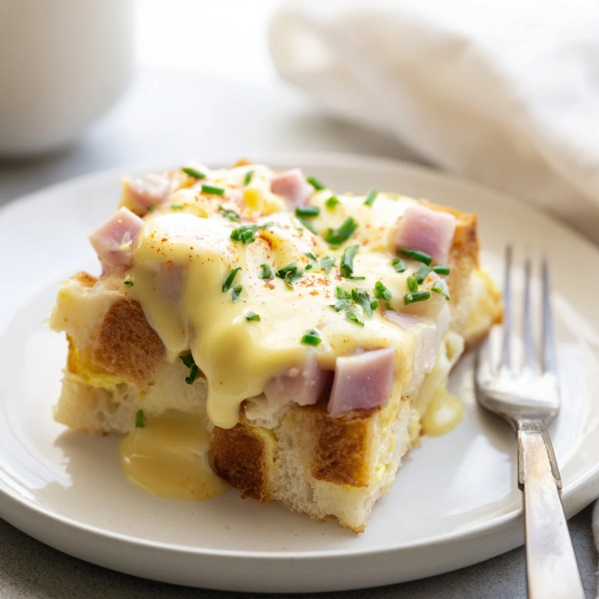 Warm Overnight Eggs Benedict Casserole is drizzled with creamy Hollandaise and fresh chives.