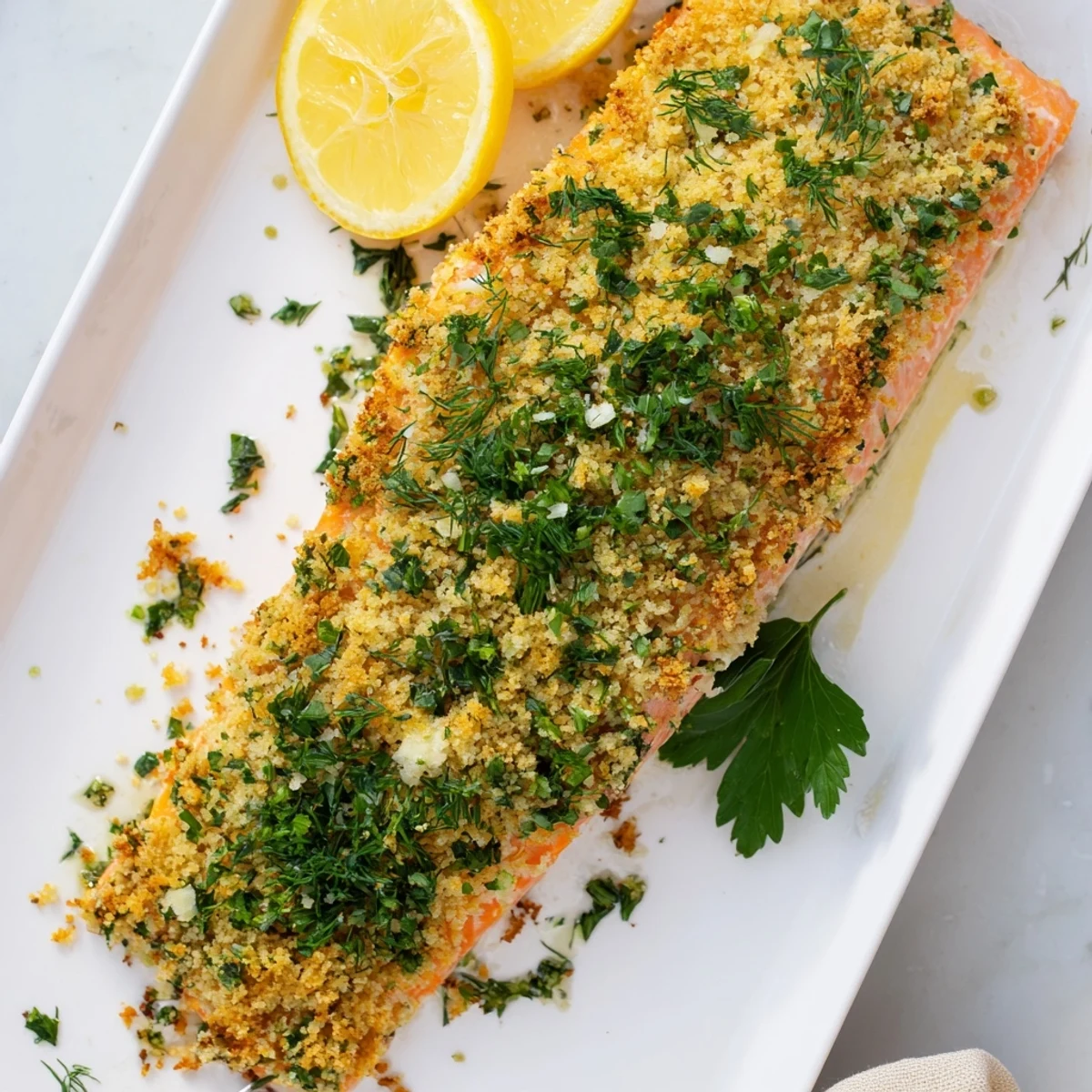 Freshly baked Irresistibly Crispy Parmesan Salmon Bake with a crunchy herb topping and flaky pink fish inside.