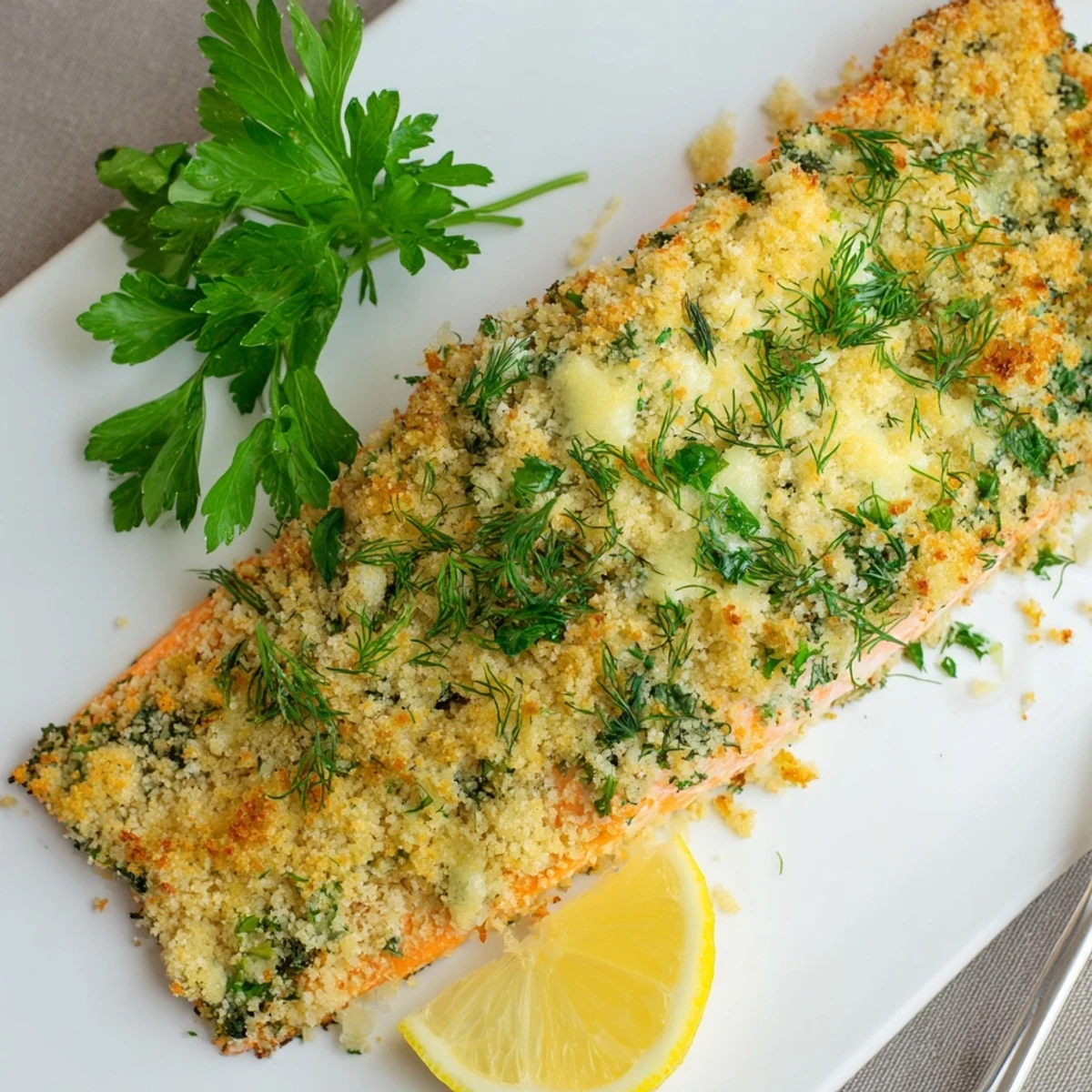 Golden-brown Parmesan salmon fillets with crispy panko crust, fresh dill, and lemon wedges on a baking sheet.
